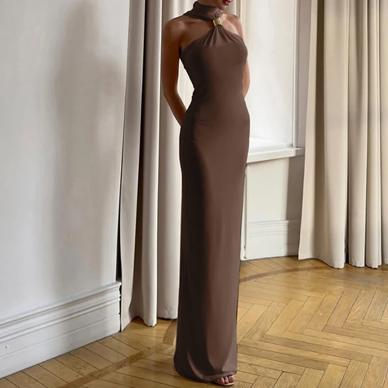 

Luxury Sleeveless Slim Dress Spring Summer New Off Shoulder Evening Dress Fashion Simple Metal Decoration Turtleneck Long Dress