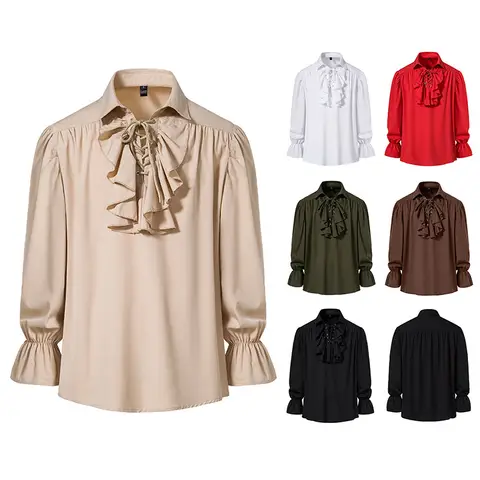 Camisa pirata para homens estilo vintage babados gola jabot medieval renascentista vampiro camisas halloween carnaval fantasia vestido festa