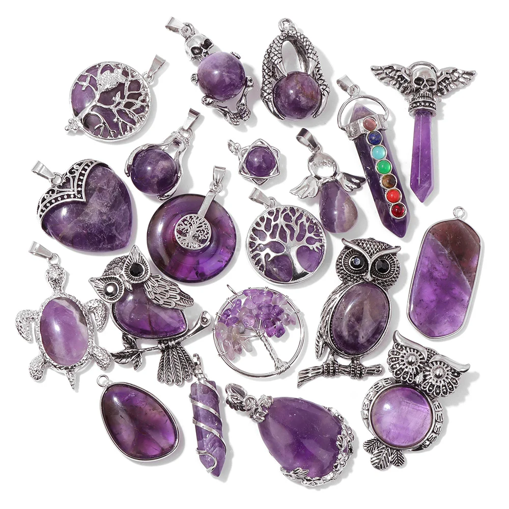 Fashion Amethyst Stone Gem Pendant Natural Purple Quartz Silver Color Charm Jewelry Accessory For Necklace Bracelet Necklace DIY