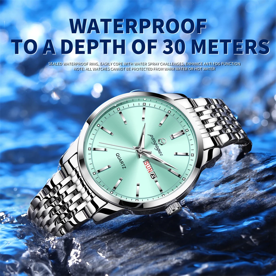 PENGAGAR Men\'s Quartz Watch Stainless Steel Fashion Business Brand Man Watches Week Calendar Luminous Waterproof Men Watch Reloj