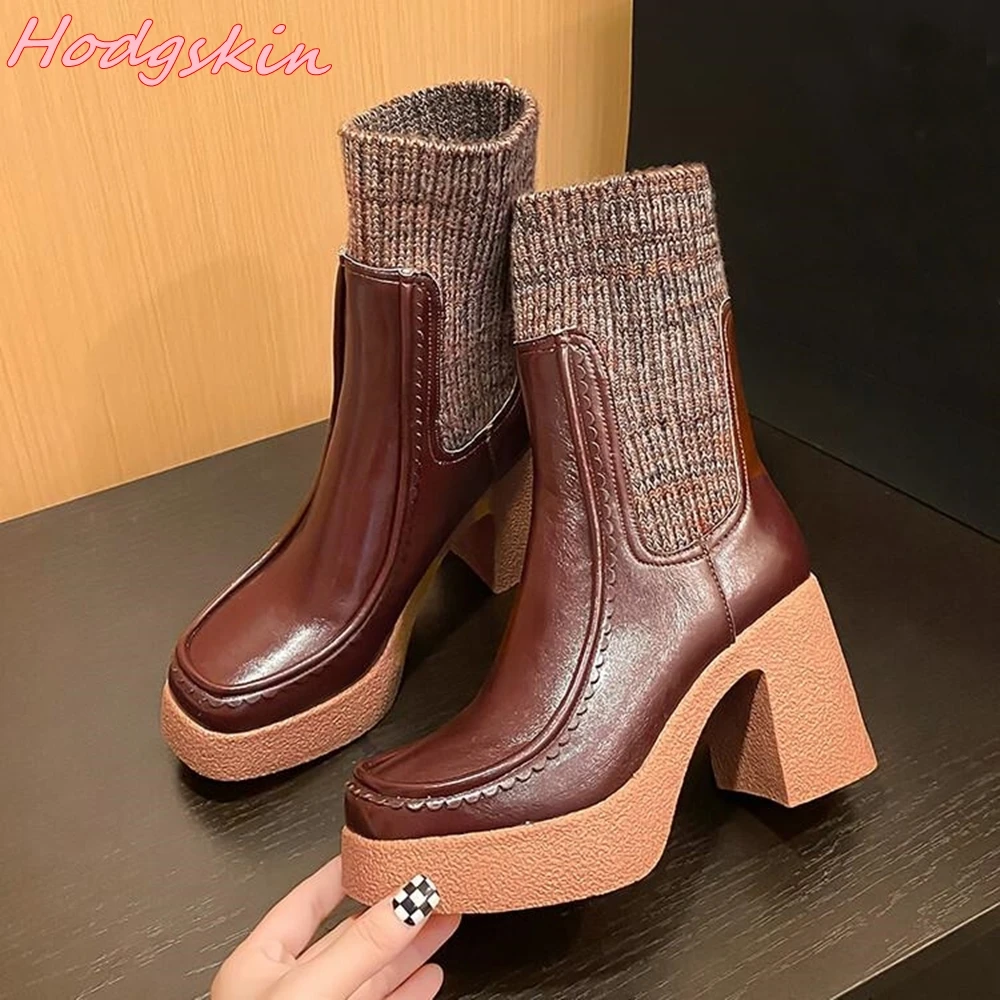 Thick Sole Stretch Boots for Women Autumn Winter Chunky Heels Mid Calf Boots High Heel Mixed Colors Leather Short Classic Boots