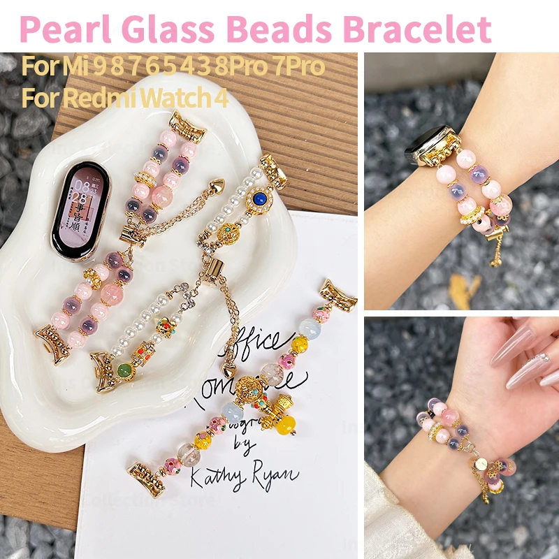 Luxury Pearl Glass Beads Bracelet for Xiaomi Mi Band 9 8 7 Pro 6 5 4 Metal Link Strap for Redmi Watch 4 Luck Jewelry Accessories