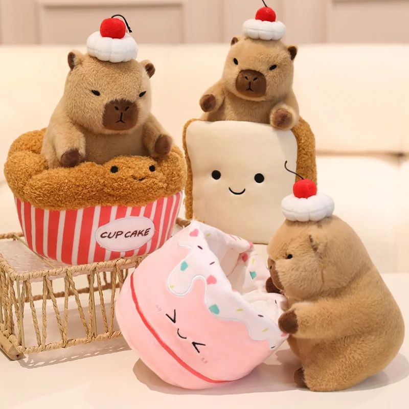 Capybara Hide in Cup Cake Plushie Small Capibara in Toast Croissant Pineapple Bun Food Snack Plush Toys for Kids Birthday Gift