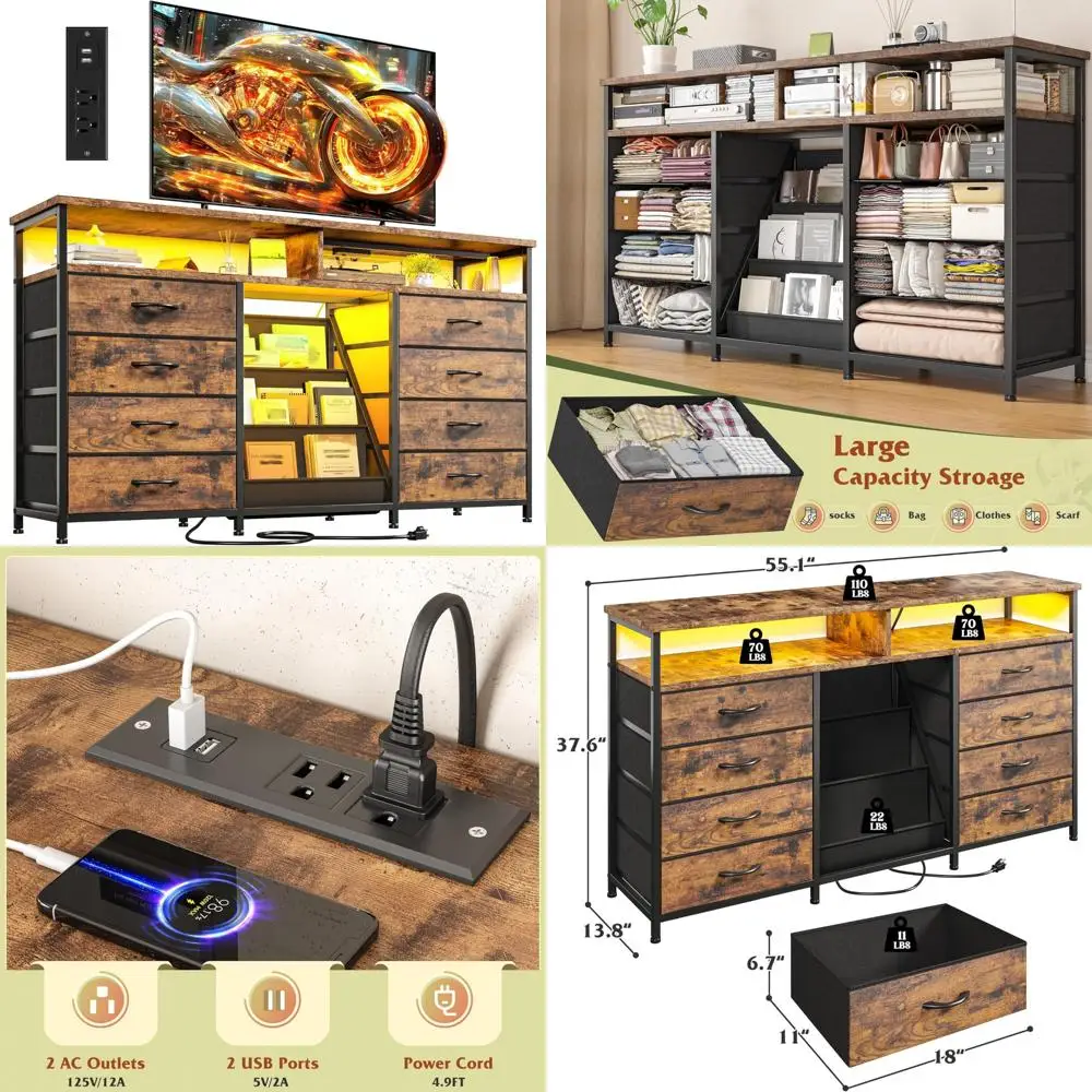 dresser for bedroom with bookrack & 8 fabric drawers, 55 ” w dresser tv stand with power outlet & led lights for 65 inch tv, che