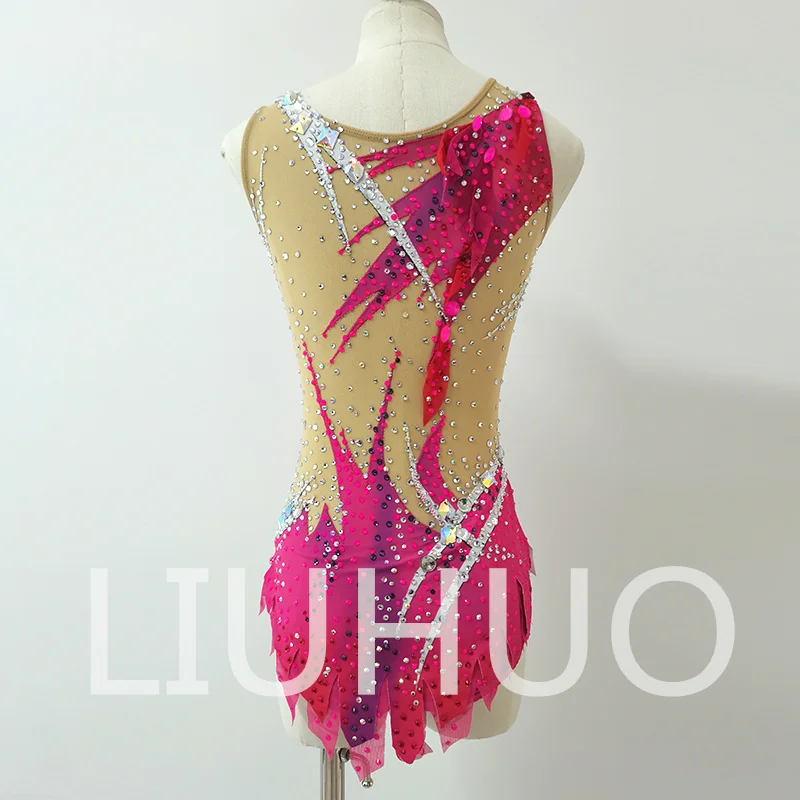 LIUHUO 리듬 체조 레오타드 소매 없음 소녀를 위한 핑크 경쟁 치어리딩 공연