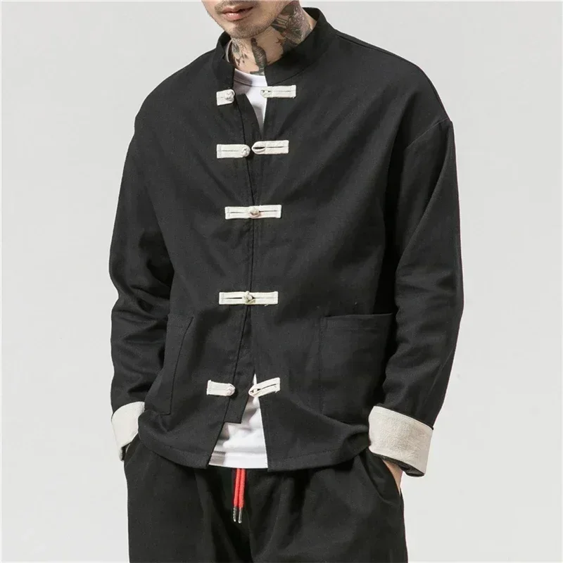 2025 Chinese Traditional Retro Coat Man Autmn Long Sleeve Tang Suit Mandarin Collar Buckle Jacket Oriental Cotton Kung Fu Shirt