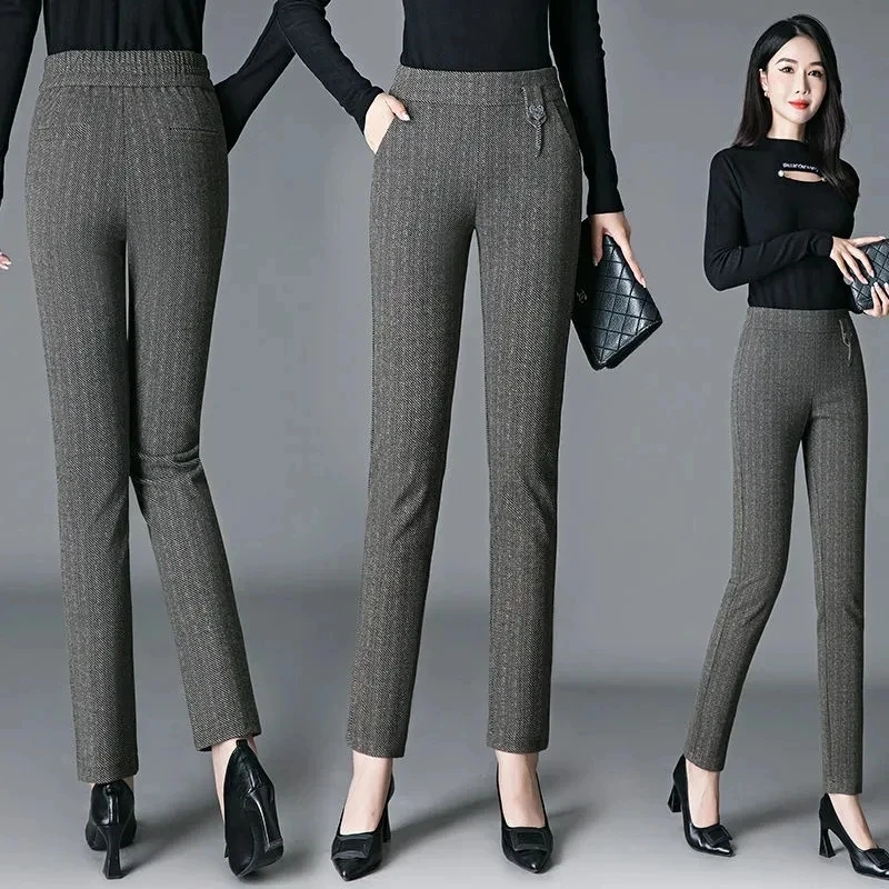 

6XL Autumn Winter High-Quality Plaid Pants For Women Elastic High Waist Casual Thicken Mother Straight Trousers Black Pantalons