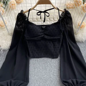 Singgreiyy -Bälle falten kurze Bluse für Frauen, Schnittuhr, langer Schlaf, Halfterblatt, elastische Woche, französische Mode, Strandbluse, Sommer 6 Hauptverkäufe Frauen Beach Camisão - №4