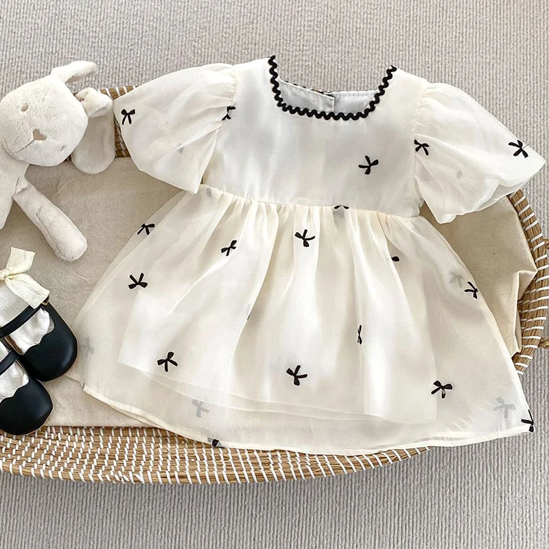 Summer Sisters Outfits Girl Infant Bow Puff Sleeve Bobydsuit Newborn Baby Mesh Cotton 1-6Yrs Fashion Princess Dress Kids Clothes