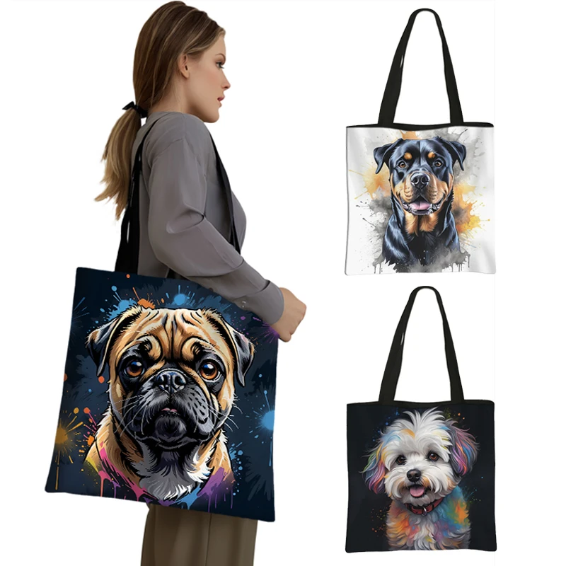 

Watercolor Painting Dog Pattern Shopping Bag German Shepherd Women Totes Handbag Capacity Shoulder Bag Shih Tzu Pug Dog BookBag