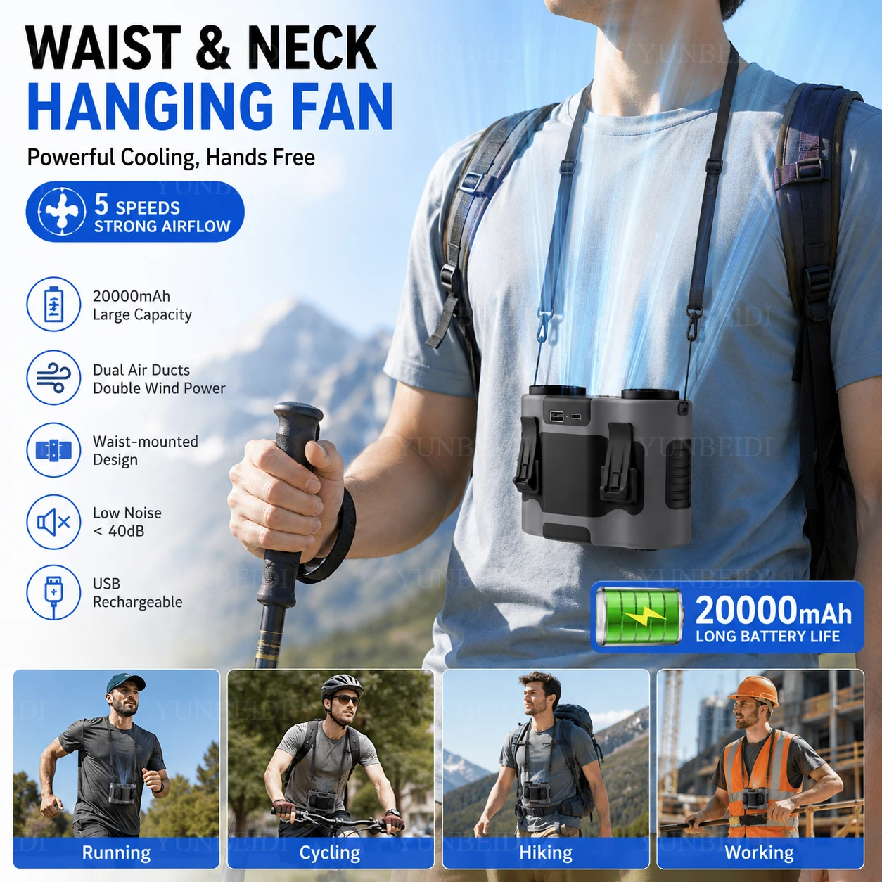 Tragbarer Taillenclip-Ventilator, kleiner USB-Ladeventilator zum Aufhängen mit LED-Taschenlampe, Outdoor-Ventilator mit Einzel-/Doppelauslass, 20000/10000 mAh