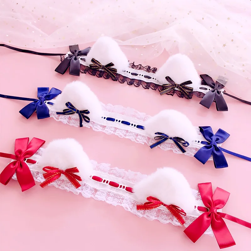 Lolita Katzenohren-Haarband für Frauen, süße Spitze, Haarnadel, Kopfschmuck, Cosplay, Anime-Stirnbänder, Plüsch-Kunstfell-Ohren, Band, Schleife, Haarreifen – Detail 1