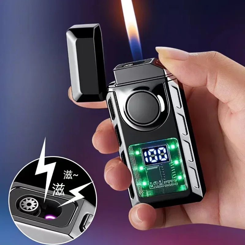 2026 Sound Control Ignition Dual Fire Gas Lighter Creative Light Battery Display Open Flame Switch Jet Fire USB Electric Lighter