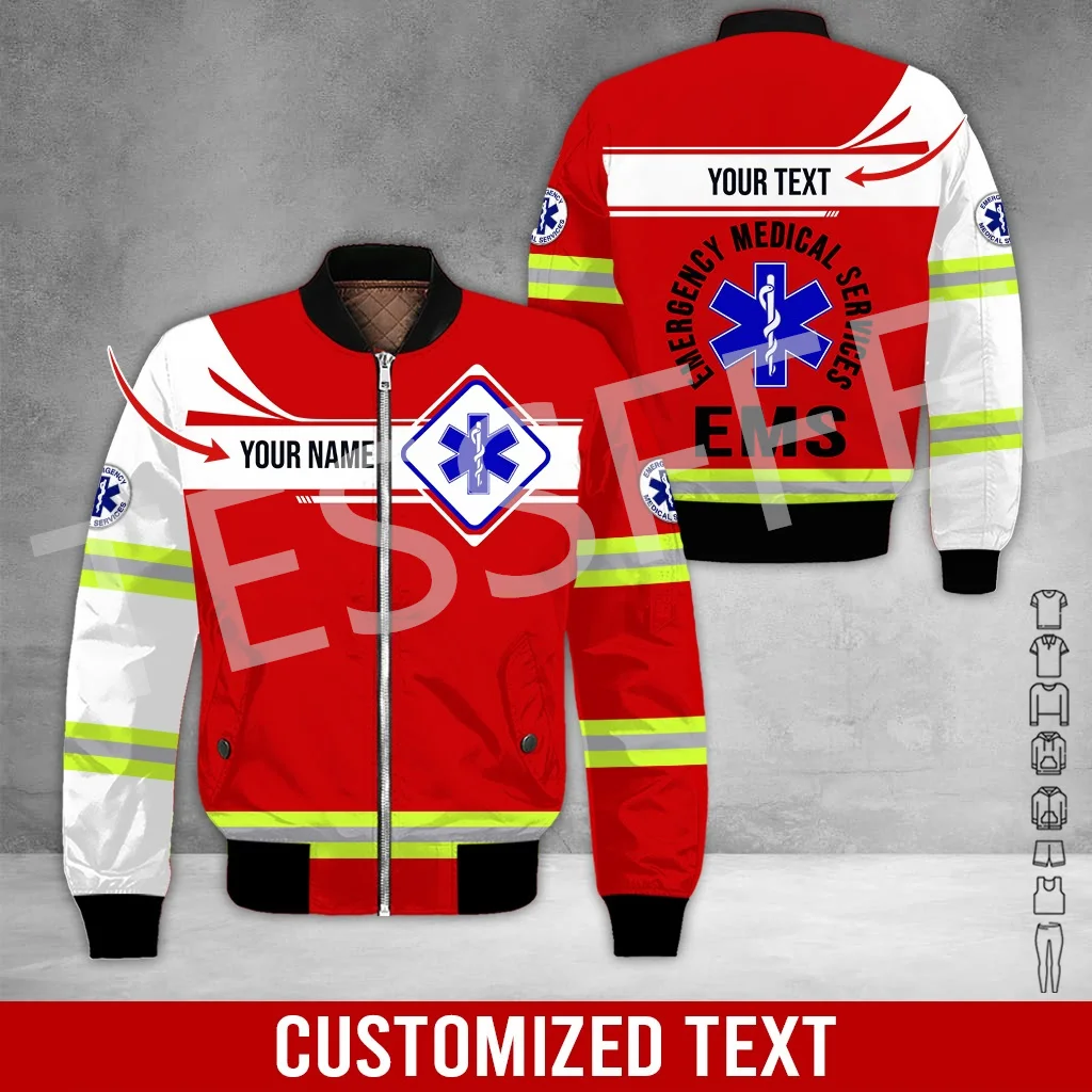 Custom Name Cosplay EMS EMT Medical Paramedic Worker Tattoo 3DPrint Streetwear Winter Windbreaker Warm Coat Bomber Jacket X3