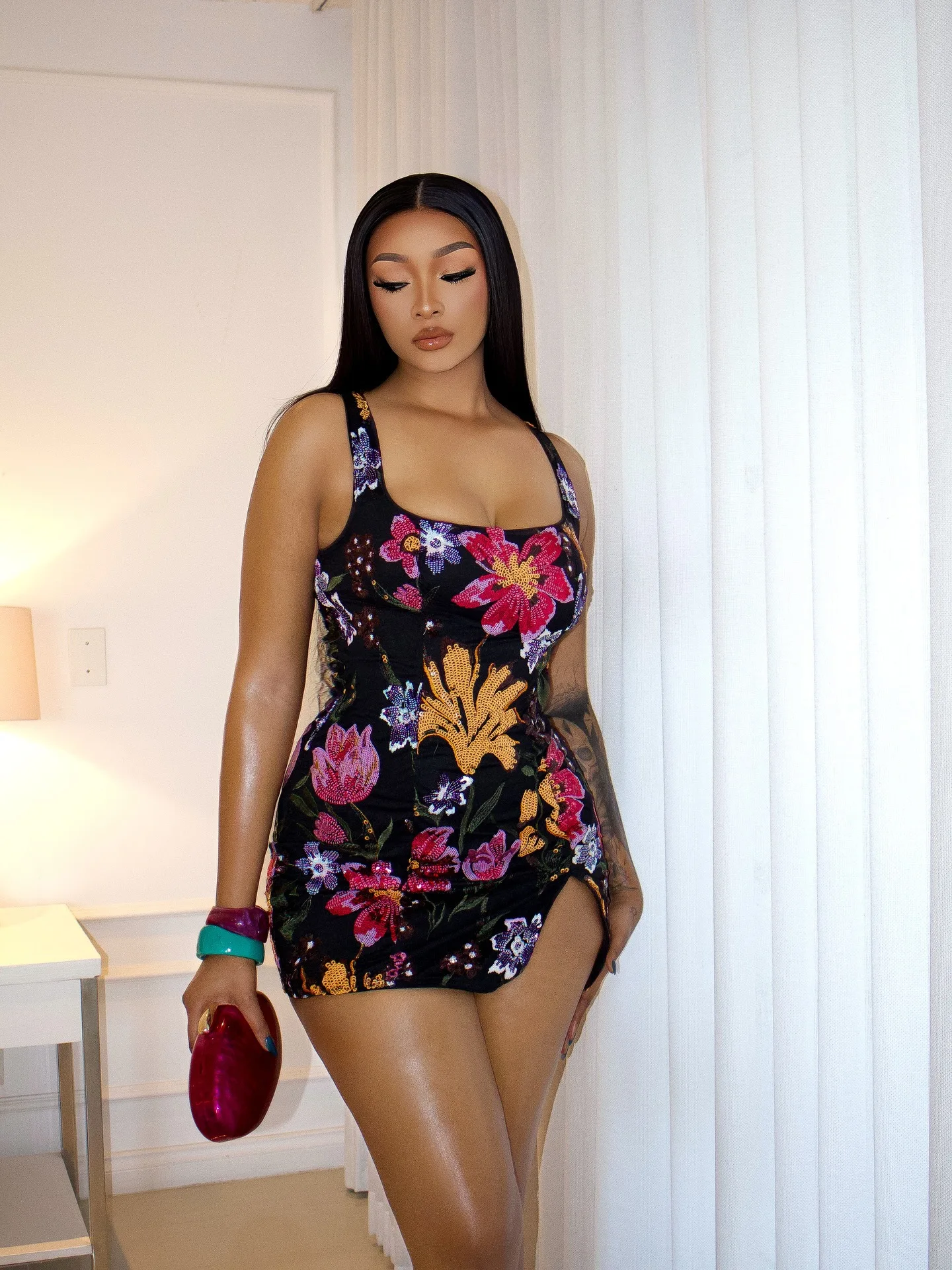 STYLISH LADY Floral Print Bodycon Mini Dress 2026 Women Sleeveless Square Neck Side Slit Clubwear Summer Party Dress