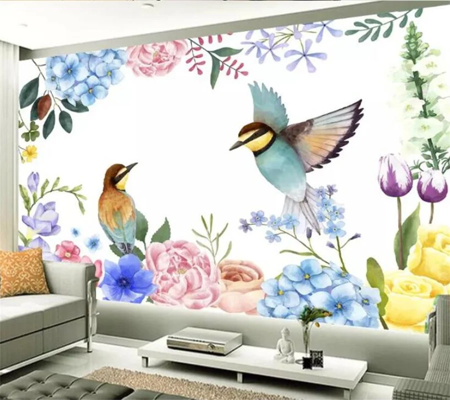 

Custom wallpaper 3d European small fresh watercolor flowers and bird children's room background wall mural wallpapers home decor