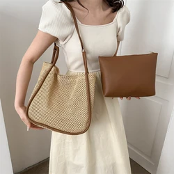 Woven Solid Color Women Tote Bag PU Leather Shopping Bags Hollow Out Composite Bag Large Capacity with Wallet Female Clutch