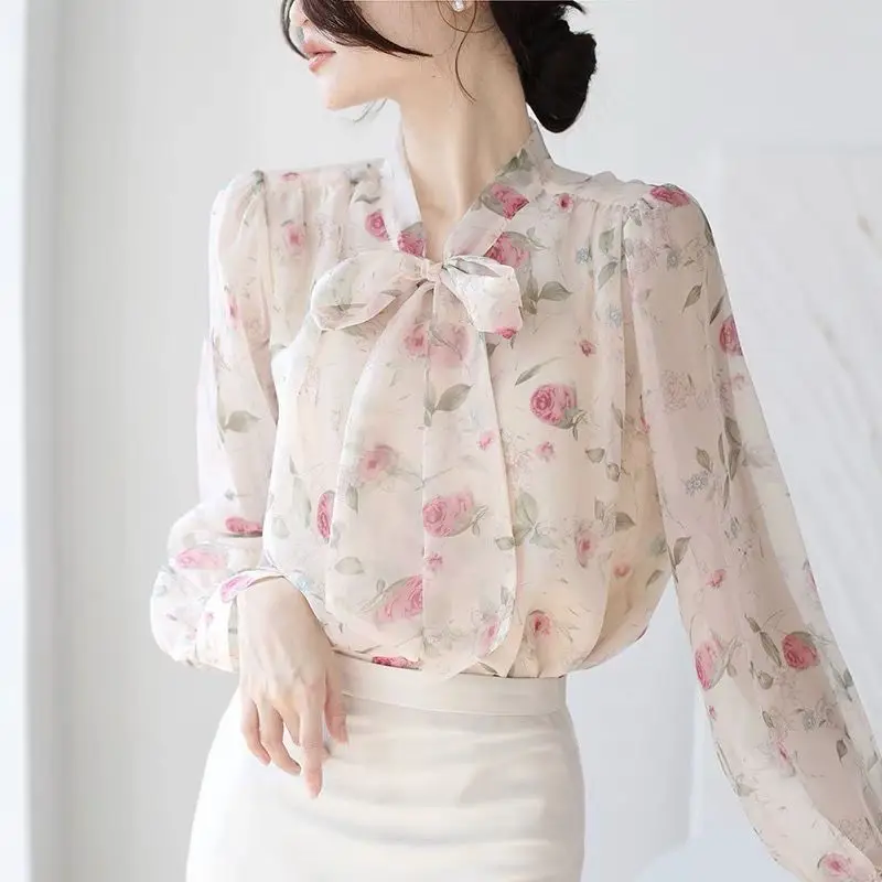 Spring Autumn Rose Fashion Harajuku Slim Fit Tops Women Casual All Match Lady Blouse Printed Long Sleeve Shirts Bowknot Blusa