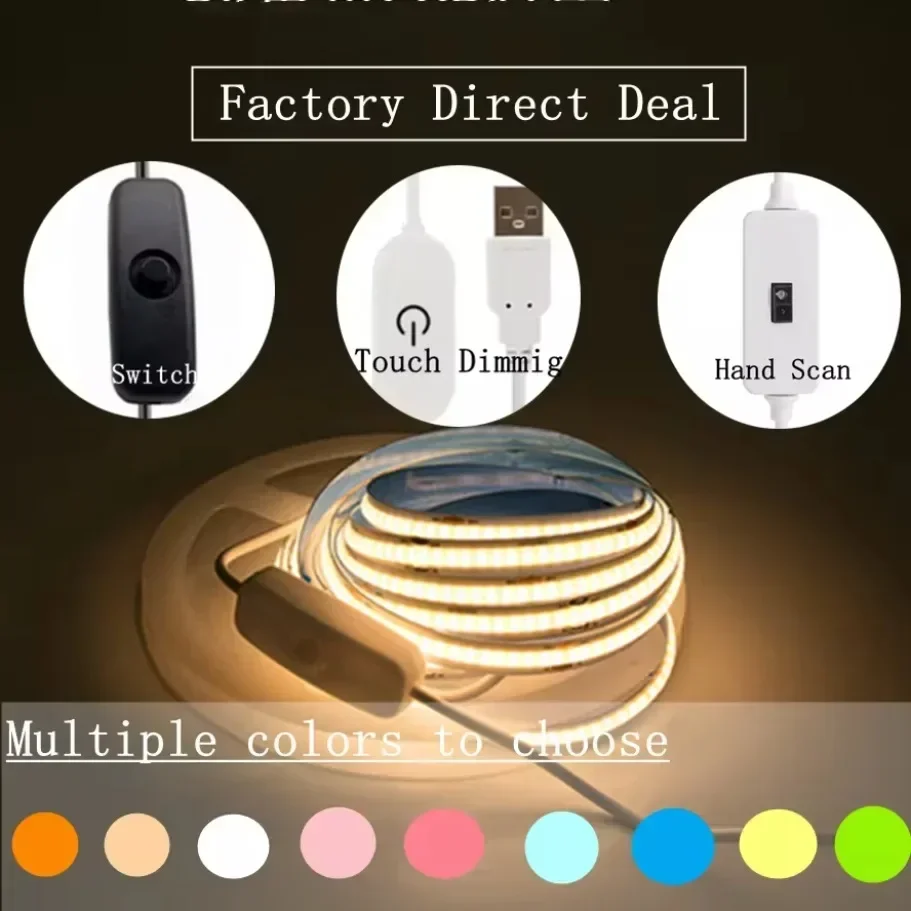 Super jasna taśma LED USB DC 5V COB 1m 2m 3m 4m 5m z ręcznym skanowaniem / ściemnialnym przełącznikiem czujnika dotykowego / przełącznikiem wciskanym 320LEDs/m