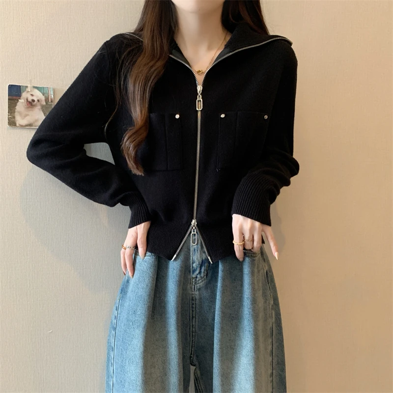 Maglione lavorato a maglia con doppia cerniera Autunno Inverno da donna Nuovo Sle plus Size Cappotto ort lusinghiero oulder Lunghezza Colletto rovesciato