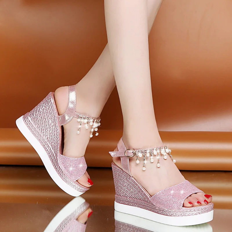 Girls Sandals 2022 Summer New Women\'s Pumps Fashion Pearl Rhinestone Platform Wedge Casual Female Sandals 10cm Ladies High Heels