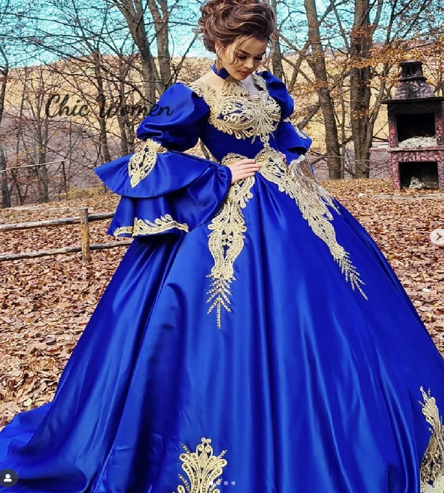 Traditional Moroccan Royal Blue Evening Dress With Gold Lace Satin Long Sleeve Marocain Prom Dress Elegant Dubai PartyCustomized