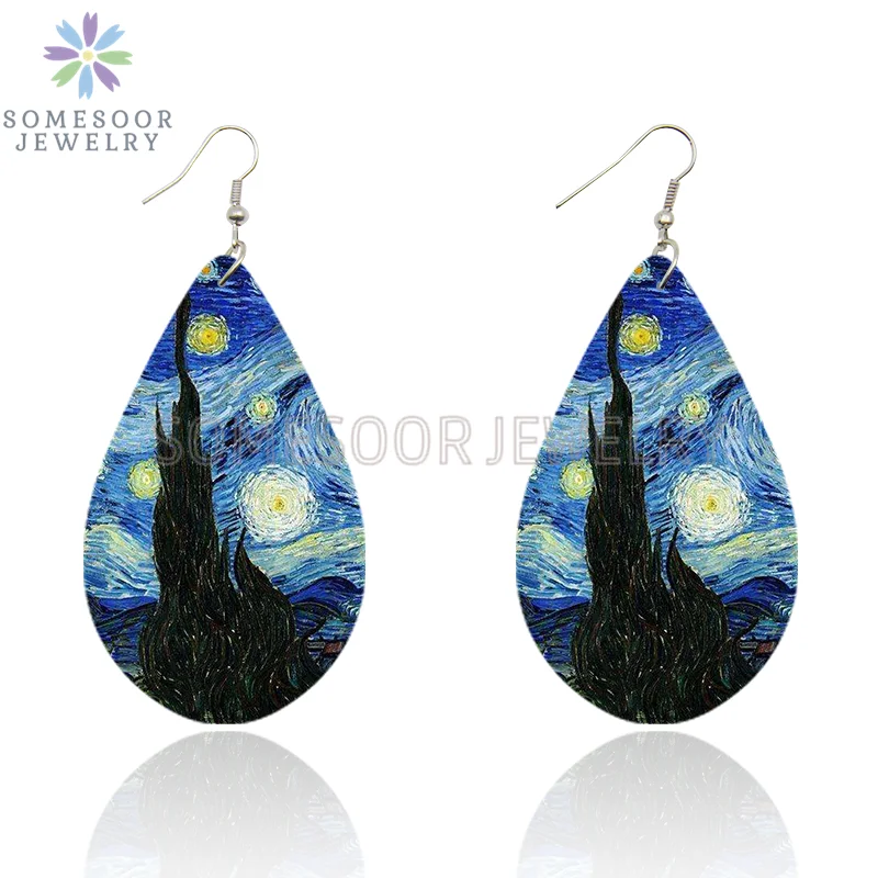 SOMESOOR Van Gogh Starry Night Art Printed Wooden Drop Earrings Golden Field Village Teardrop Pendant Dangle Jewelry Women Gifts