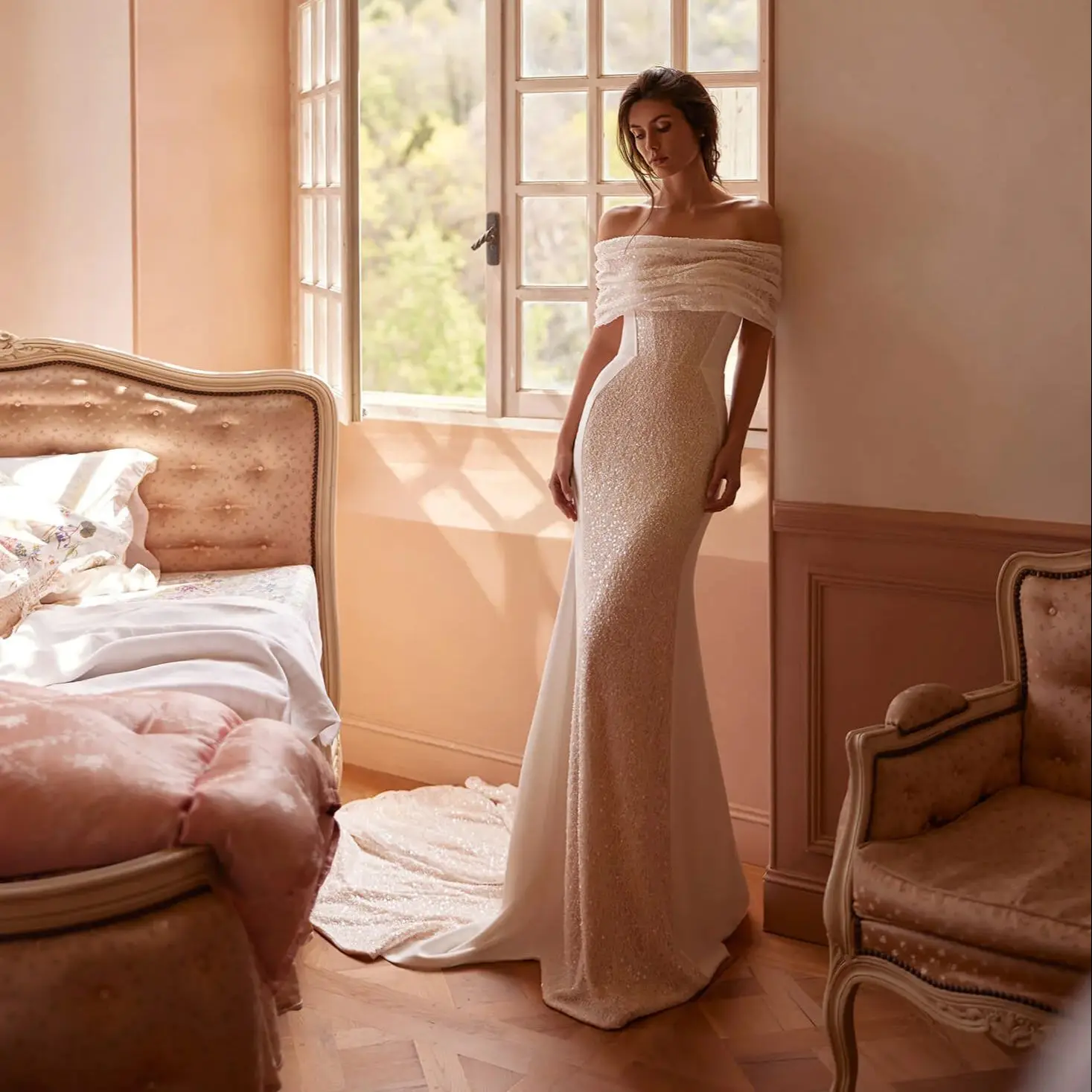 

Роскошное свадебное платье русалки, блестящие свадебные платья с открытыми плечами, блестящие вечерние женские платья со шлейфом, халаты de Soriee по индивидуальному заказу