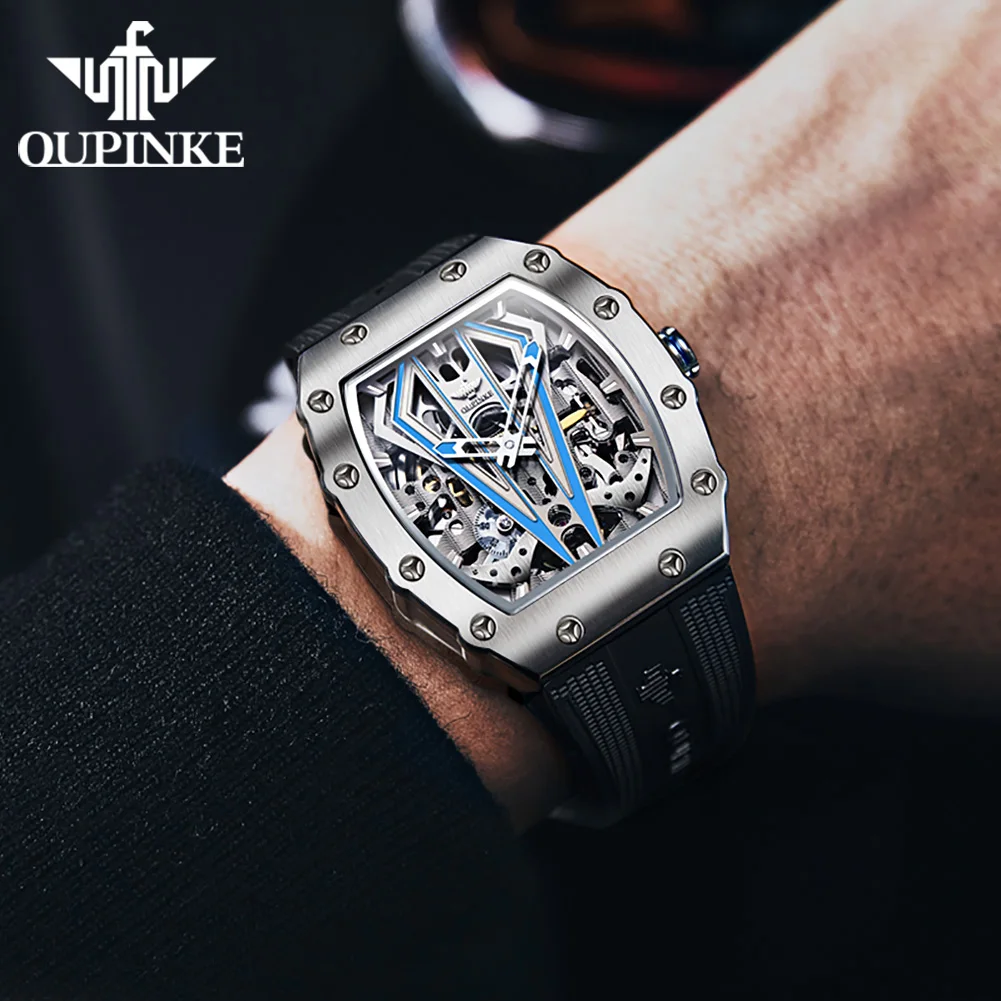 OUPINKE Top Brand Luxury Automatic Mechanical Watch for Man Waterproof Tonneau Tungsten Steel Case Sapphire Mirror Fashion Dress