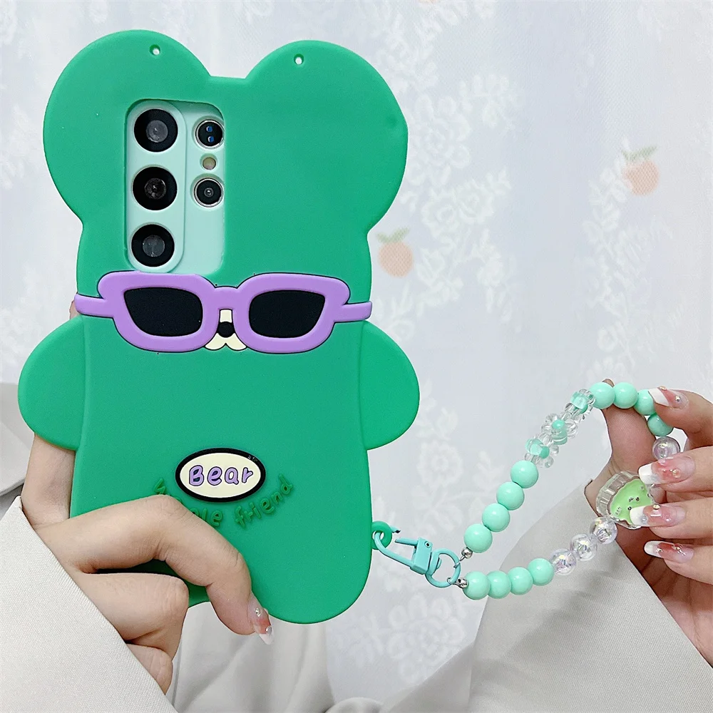 Y2K Sunglasses Cool Bear Phone Case for S26 Ultra Wrist Chain Crossbody Strap Silicone Cover for Samsung Galaxy S25 S24 S23 A57