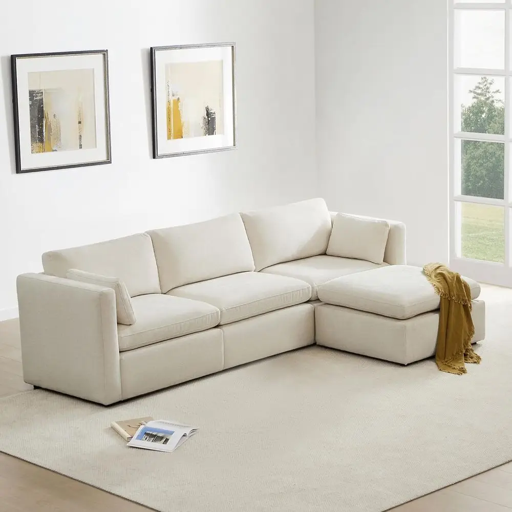 

4-Seat L-Shaped Sectional Sofa with Storage Ottoman, 112 Wide, Linen Fabric