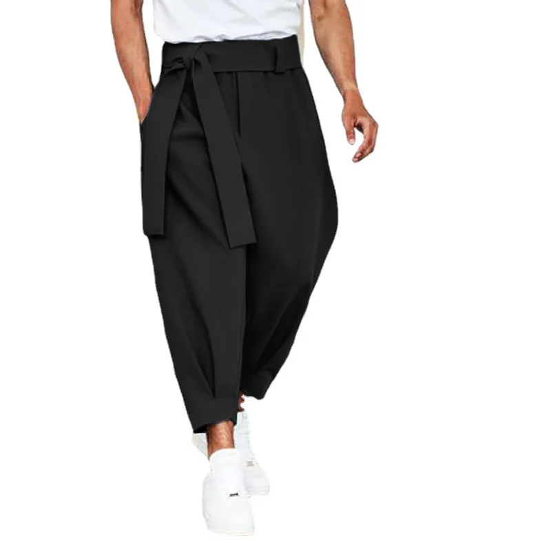 

Spring Men's Loose Solid Color Cropped Pants with Belt Decoration and Gathered Feet