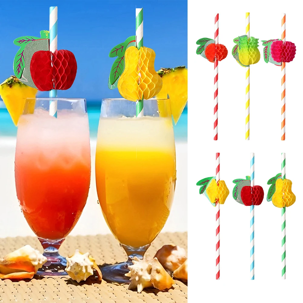 

10Pcs Tropical Fruit Paper Straws Honeycomb Flamingo Pineapple Striped Straw Wedding Birthday Aloha Hawaiian Beach Party Decor