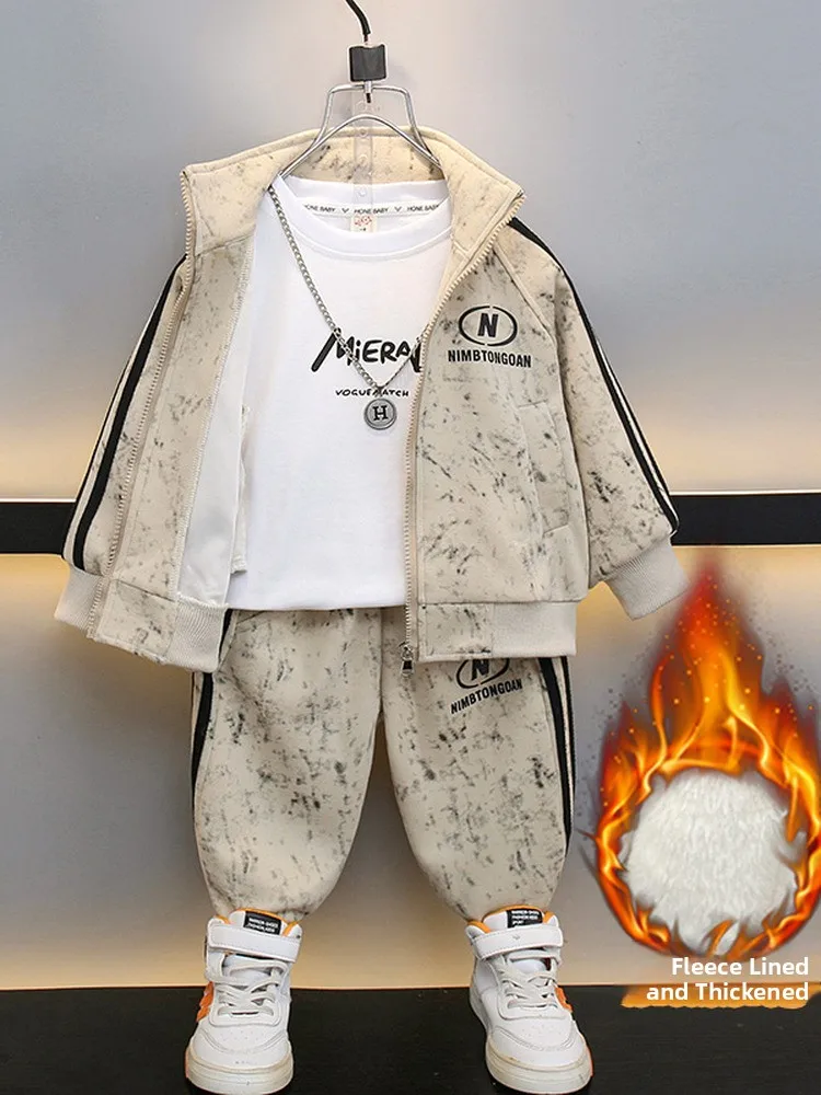 

Новинка 2025 года, комплект детской спортивной одежды на подкладке для мальчиков, осенне-зимняя повседневная одежда, модный длинный свек, хлопок, полиэстер