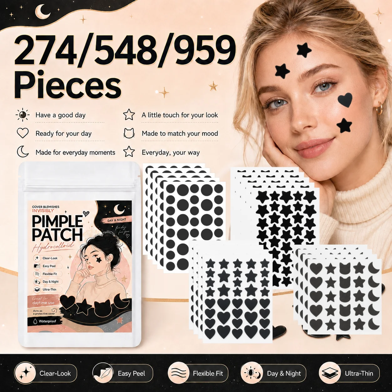 274/548/959pcs Mixed-Shape Pimple Patches, Ultra-Thin, Breathable, Skin-Friendly, Comfortable for Day & Night Use
