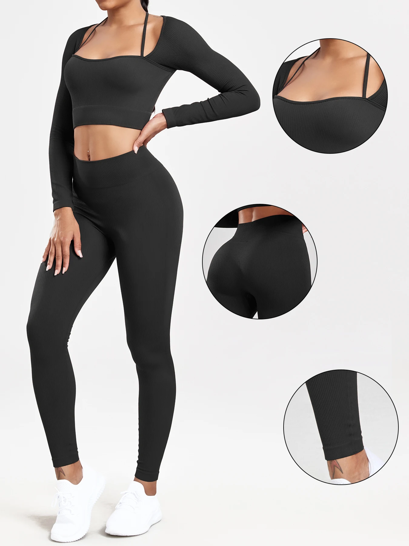 NORMOV Ribbed Gym Sets for Women Push Up Yoga Set Seamless Women Sports Set Workout Set Female Solid High Waist Pants Fitness