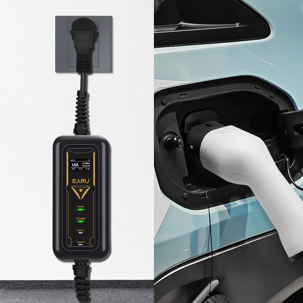 Adjustable 16A EV Charger Screen EU US UK Plug Portable Type2 IEC62196-2 EVSE Charging Cable Type1 SAE J1772 Controller Wallbox