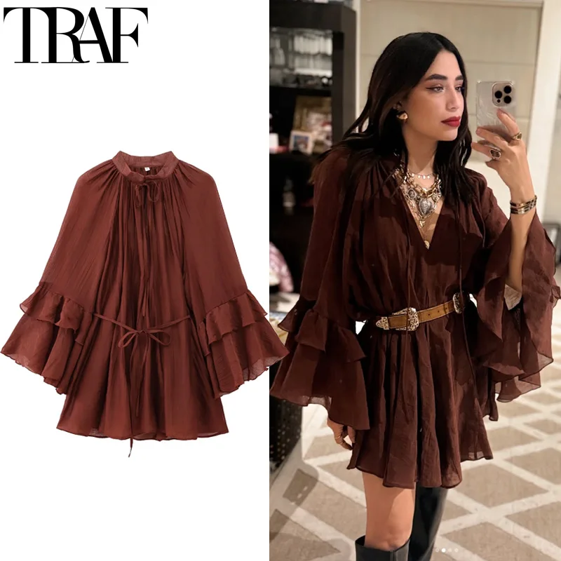 

Woman 2026 Dress Ruffle Long Sleeve Mini Dress Summer Tie Fairy Short Dresses For Women Pleated Elegant Party Dresses 088