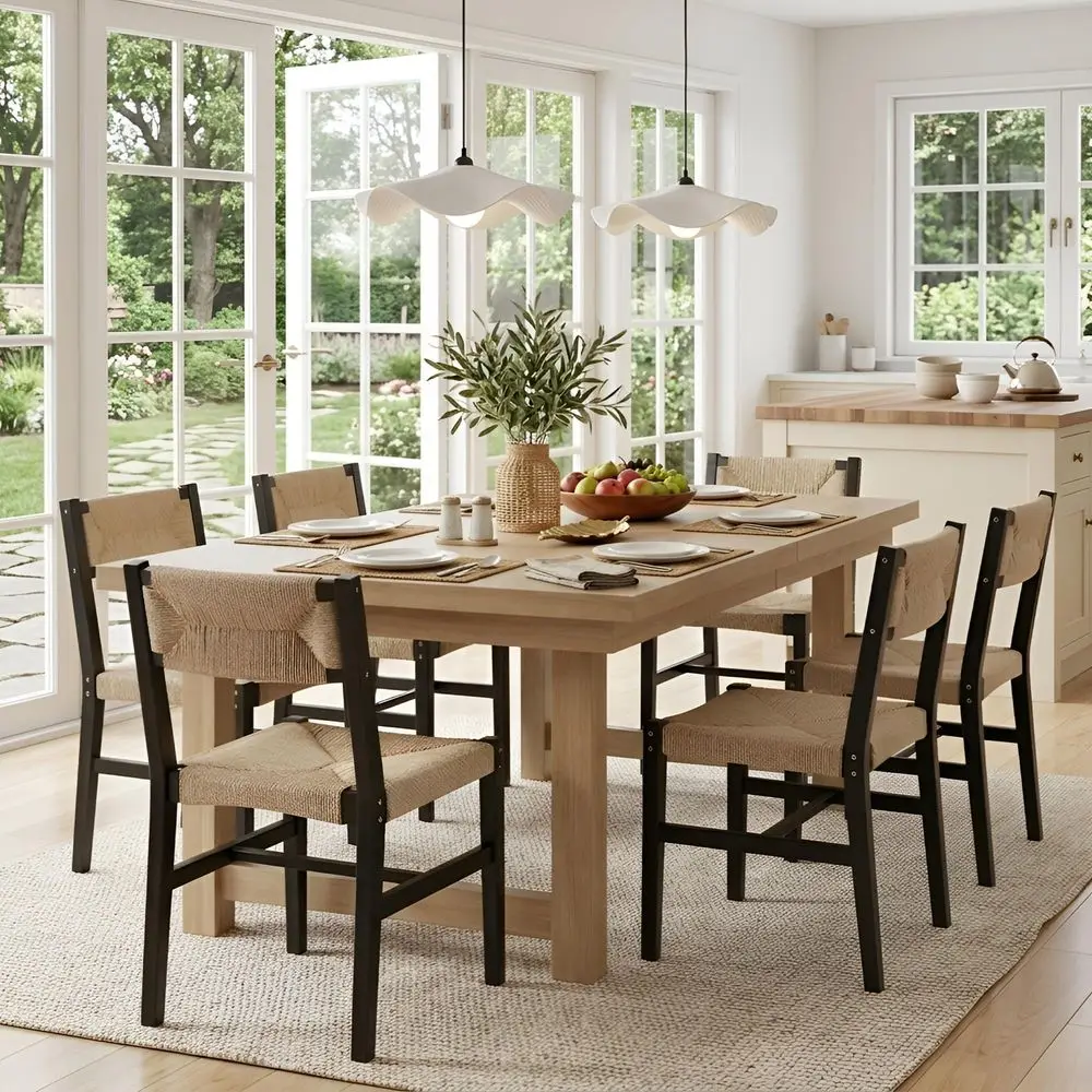 

Century Modern Rattan Dining Chairs Set of 6 Black Beechwood Kitchen Chairs Farmhouse Woven Dining Room Chairs Armless Boho Can