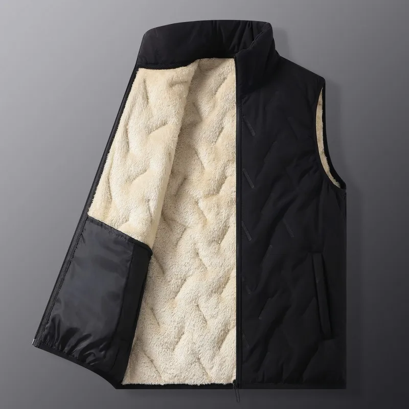 2024 New Men\'s Stand Up Neck Thickened Autumn and Winter Casual Fashion Solid Color Sleeveless Ruched Stripe Standard Vest Coat