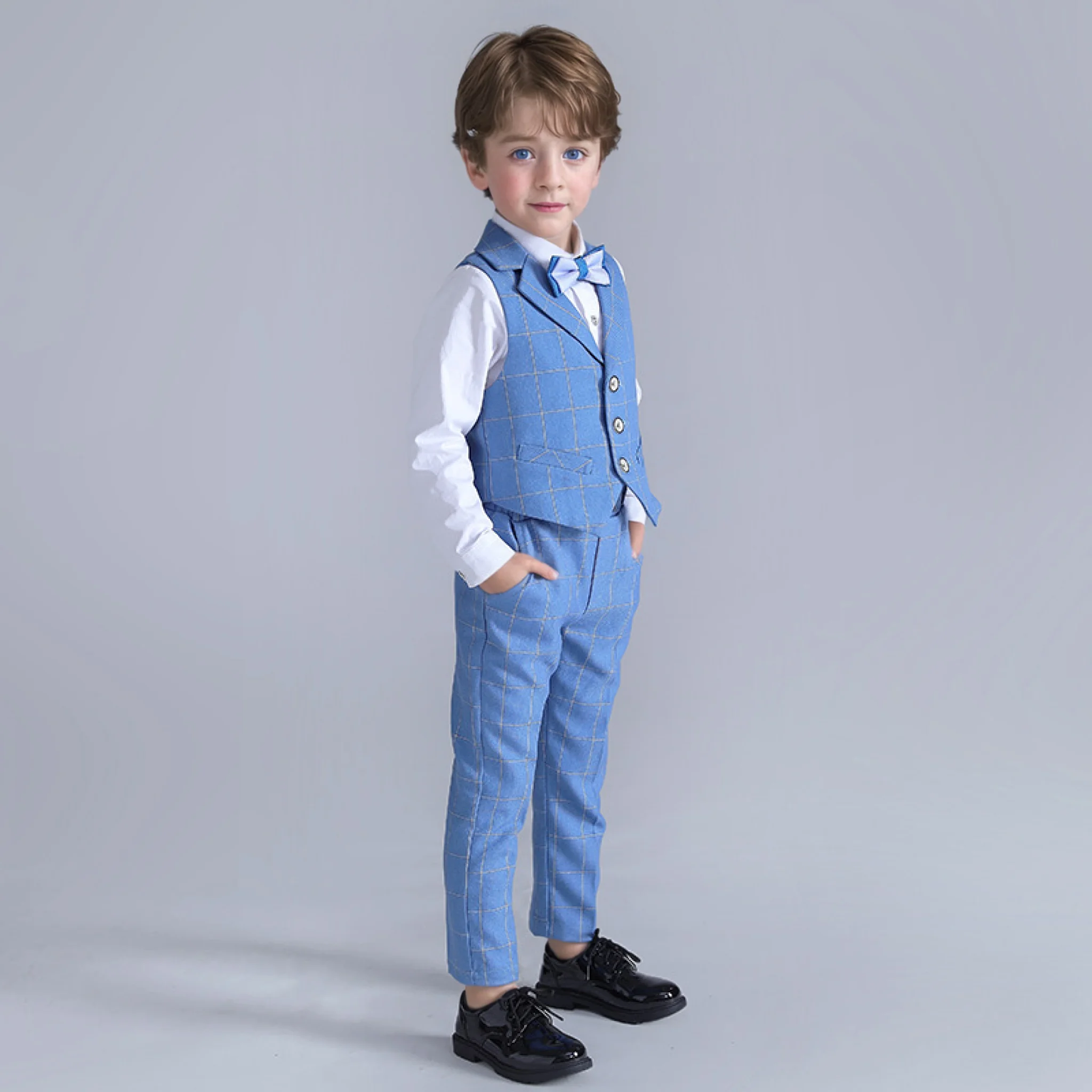 Children's Spring Autumn Formal Dress Suit Flower Boy Wedding Costume Kids Blazer Vest Pants Bowtie Brooch Clothes Set