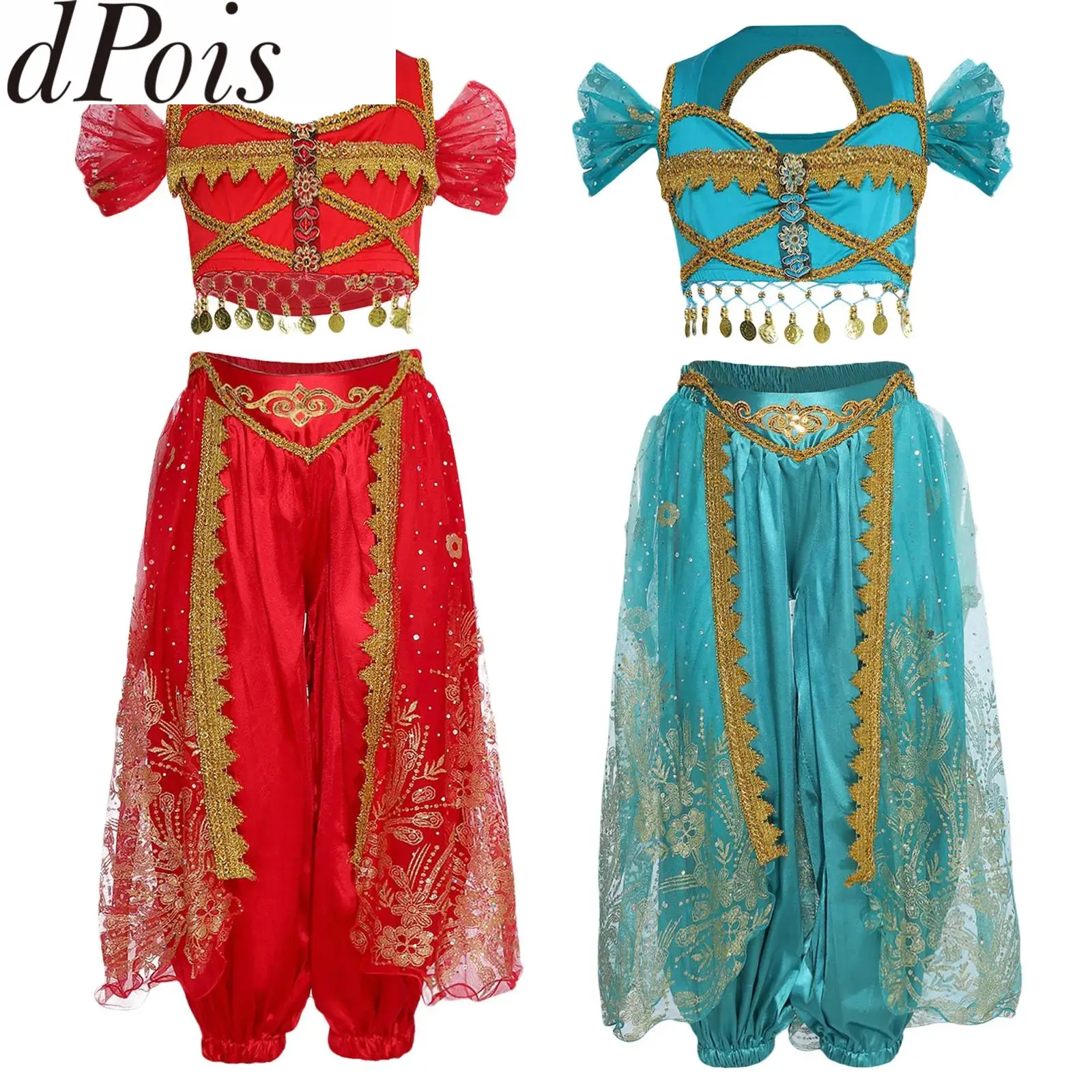 

Детский арабский укороченный топ, брюки, арабский косплей, экзотический костюм принцессы с короткими рукавами, сетчатый костюм с блестками для Хэллоуина, одежда для танцев
