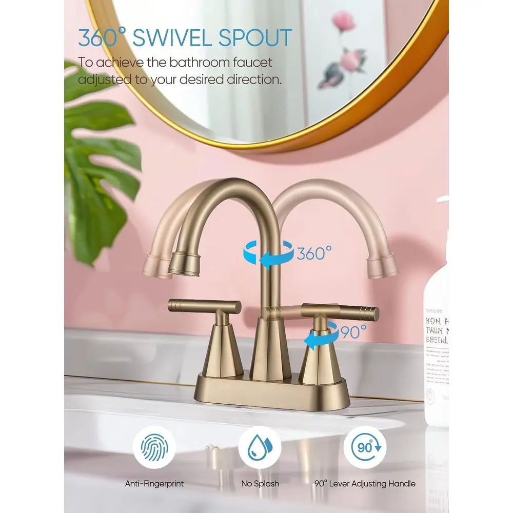 طقم صنبور حوض مركزي ذهبي مصقول مكون من قطعتين مع 3 فتحات و4 مساحات وصرف منبثق وخرطومين #2