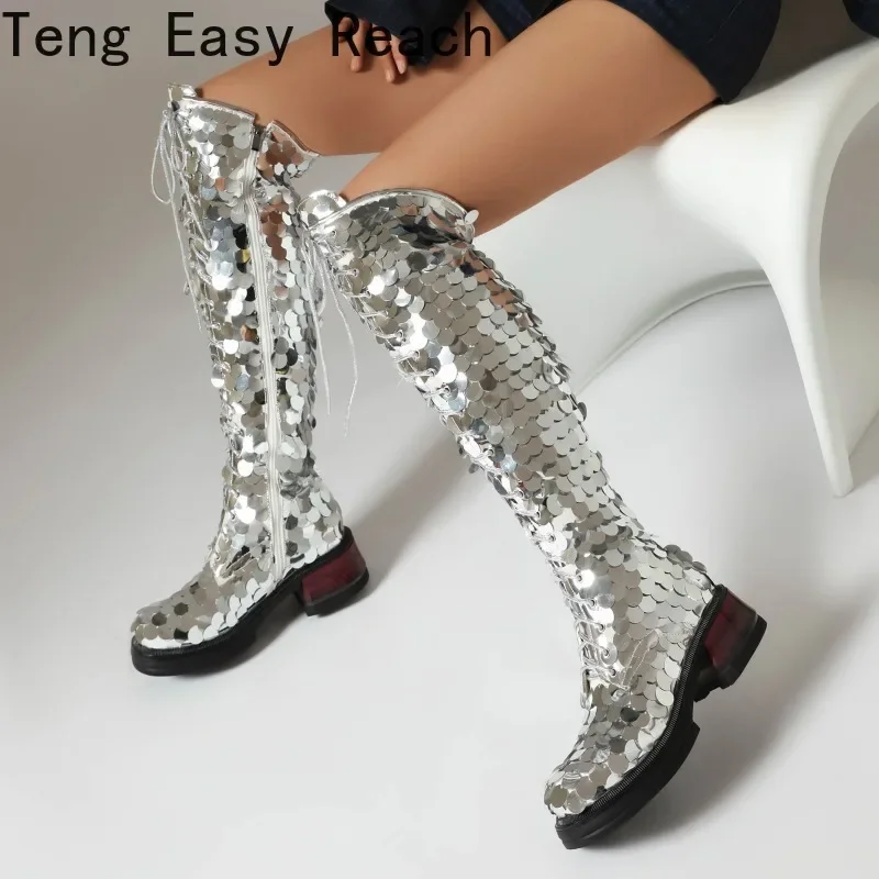 

Winter Women's Sequin Knee-high Boots Fashion Lace-up Sequin Platform Shoes Square Toe Low Heel Buckle Women's Motorcycle Botas