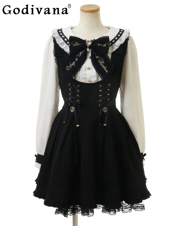 

2026 New Japanese Style Mass-Produced Sweet Cute Girl Dress Lolita Lace Navy Collar Long Sleeve Dress