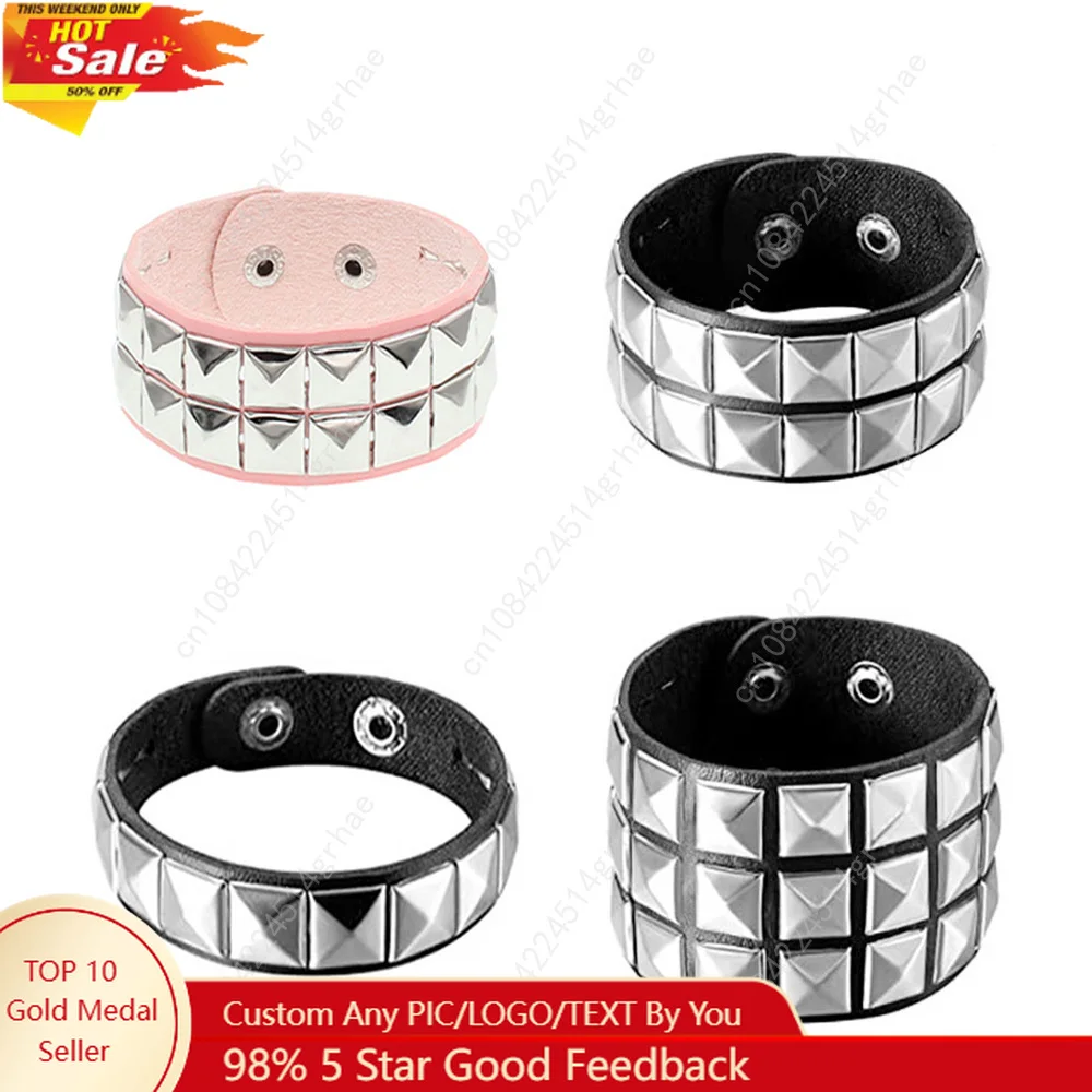 

Black Leather Goth Square Washer Rivet Bracelet Cuff Wristband Gothic Punk Bracelets For Armbands Men Women