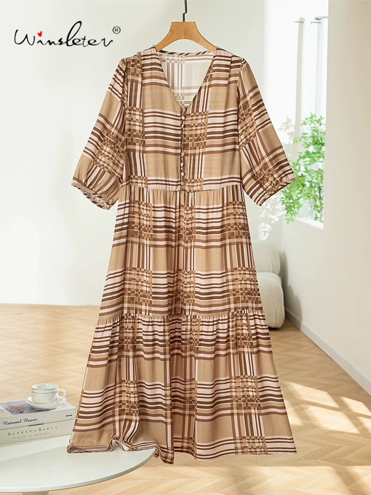 

Winsleter-Women 100%Real Silk Elegant Dress, Half Sleeve V Neck Striped, French Retro Temperament Dresses, 2025 Summer D56111CC