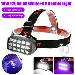 10W 15LED 2in1 UV+White Light Headlight Pet Stains Checker USB Rechargeable 4-Modes Ultraviolet HeadLamp include 1200mAh Battery