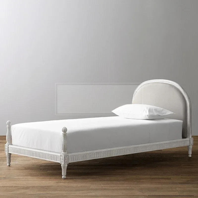 French children's solid wood bed American art engraving single bed modern simple fabric soft rely on girls bedroom furniture