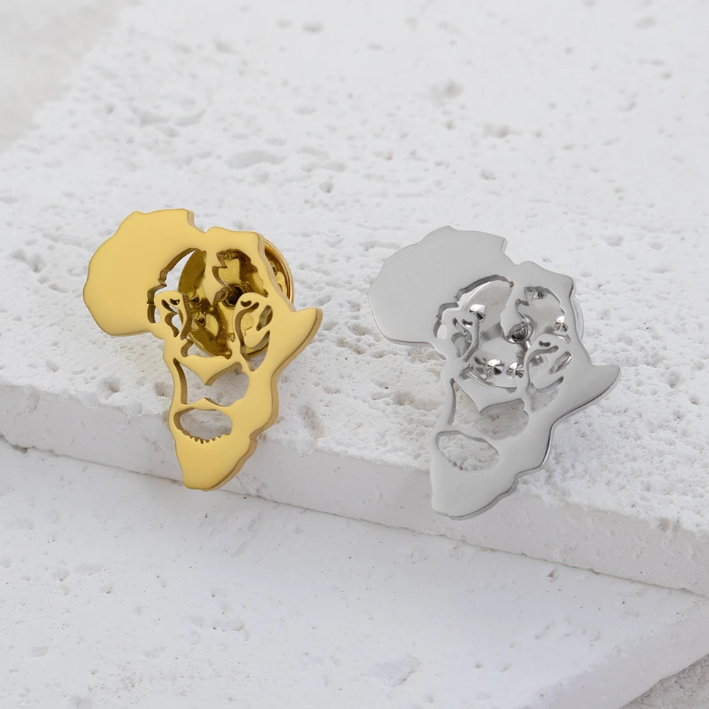 Creative African Map Lion Head Stainless Steel Brooch, Animal Suit Brooch, Clothing Bag Badge, African Map Jewelry Gift